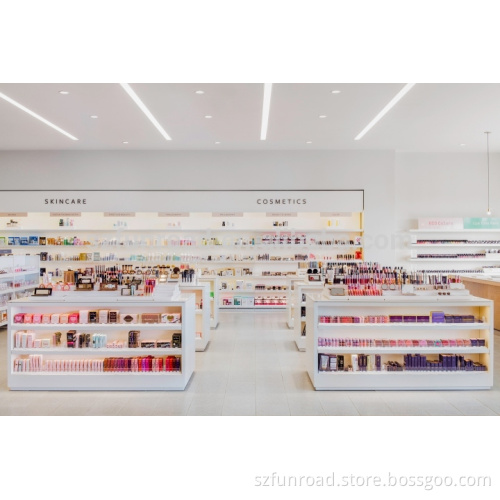 Wooden cosmetics display counters with LED lights wall-mounted metal frame glass shelves for makeup shop